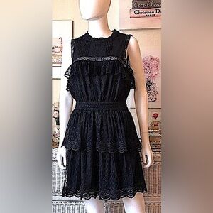 Misa Los Angeles Tiered Sleeveless Dress with lace trim in black color size L